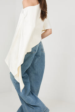 Aria One Shoulder Asymmetric Satin Blouse - Pearl