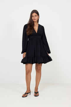 Jadie V-Neck Ruffled Mini Dress - Black