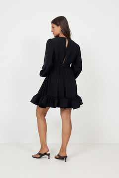 Jadie V-Neck Ruffled Mini Dress - Black