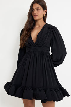 Jadie V-Neck Ruffled Mini Dress - Black