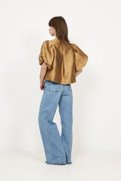 Cleo Puff-Sleeve Satin Blouse - Camel