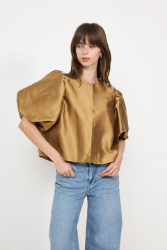 Cleo Puff-Sleeve Satin Blouse - Camel