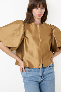 Cleo Puff-Sleeve Satin Blouse - Camel