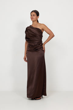 Cassia Draped Fitted Maxi Dress - Dark Brown