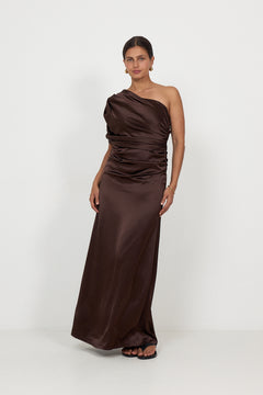 Cassia Draped Fitted Maxi Dress - Dark Brown