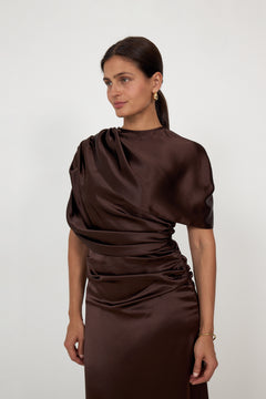 Cassia Draped Fitted Maxi Dress - Dark Brown
