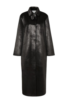Phoebe Faux Pony Hair Long Coat - Black