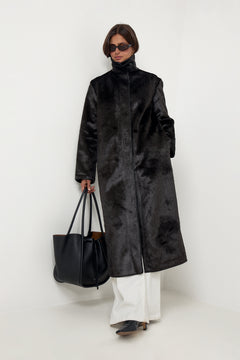 Phoebe Faux Pony Hair Long Coat - Black