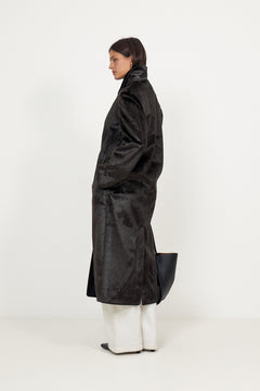 Phoebe Faux Pony Hair Long Coat - Black