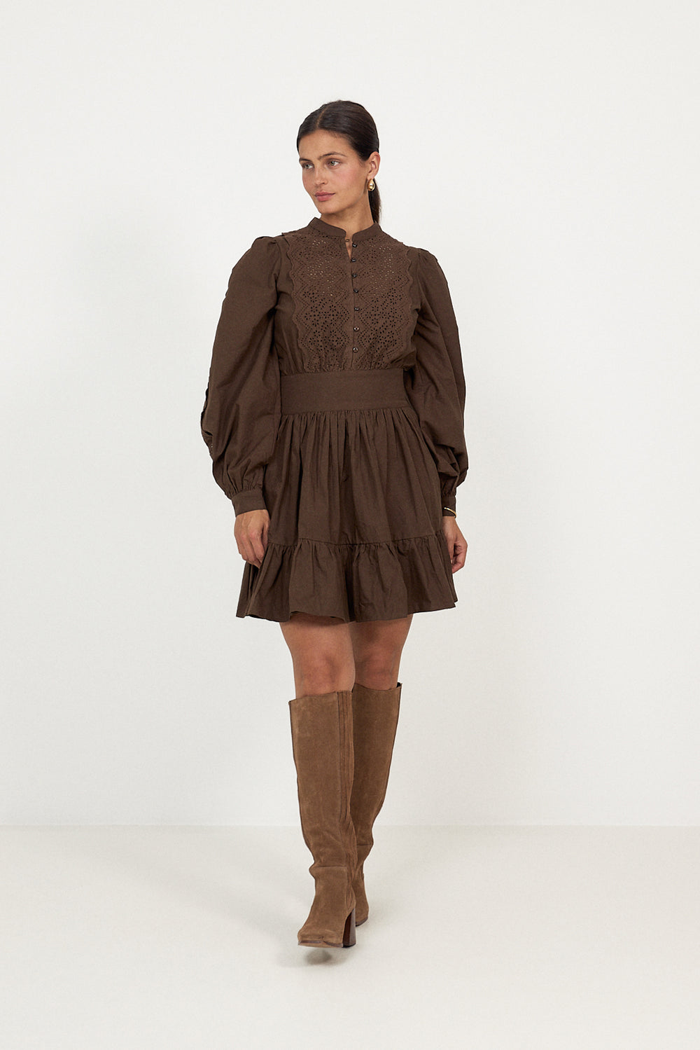 Winter Cotton Mini Dress - Brown