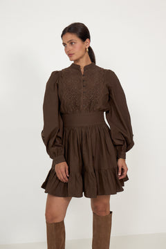 Winter Cotton Mini Dress - Brown