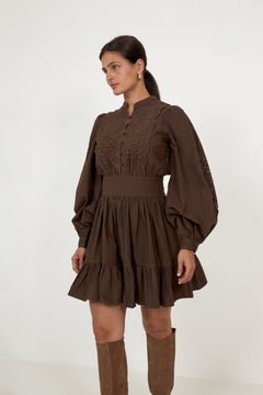 Winter Cotton Mini Dress - Brown