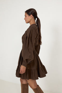Winter Cotton Mini Dress - Brown