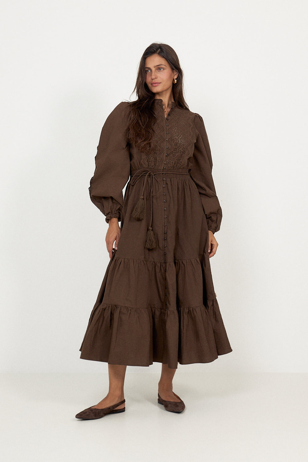 Winter Cotton Midi Dress - Brown