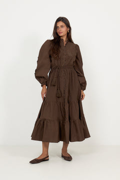Winter Cotton Midi Dress - Brown