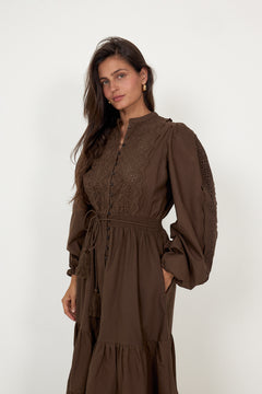 Winter Cotton Midi Dress - Brown