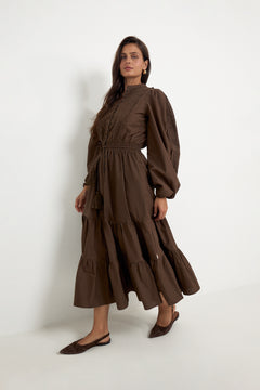 Winter Cotton Midi Dress - Brown