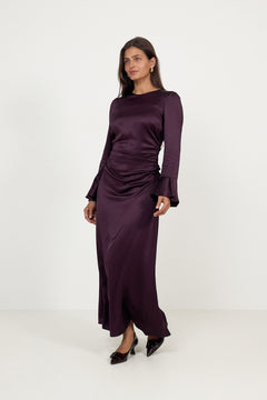 Satin Rouching Dress - Burgundy