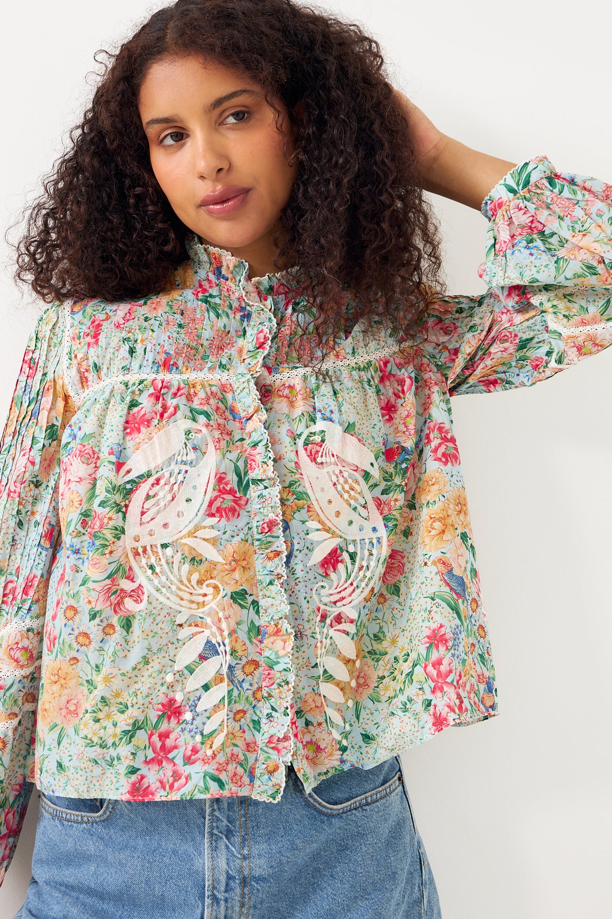 Rendeira Multicolor Cutwork Long Sleeve Blouse - Orange