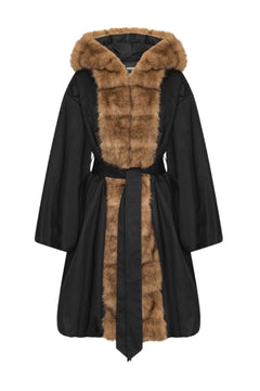 Faux Fur Collar Coat - Black