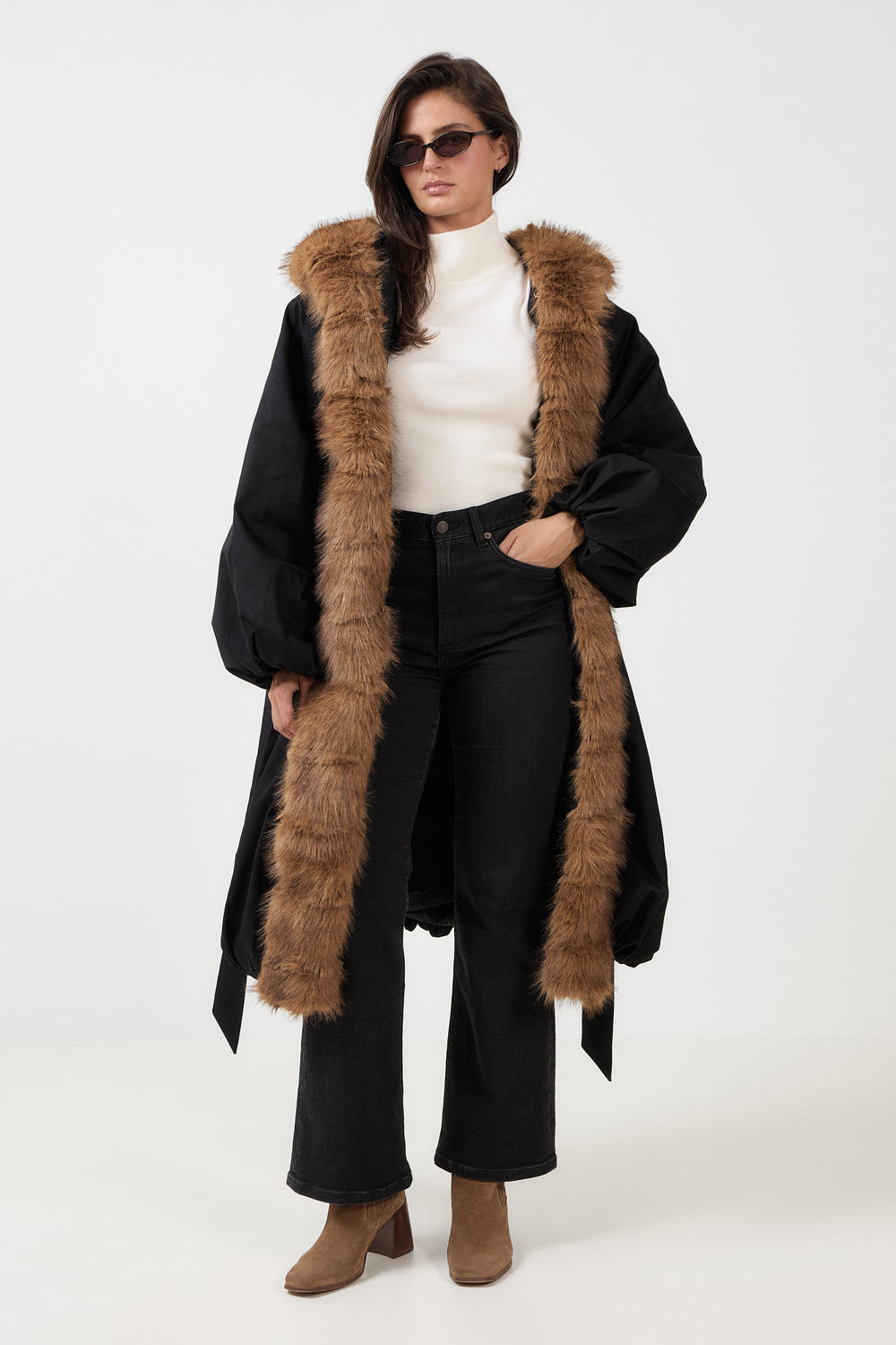 Faux Fur Collar Coat - Black