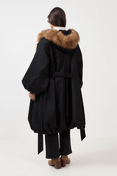 Faux Fur Collar Coat - Black