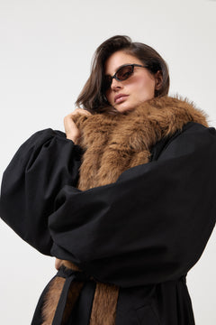 Faux Fur Collar Coat - Black