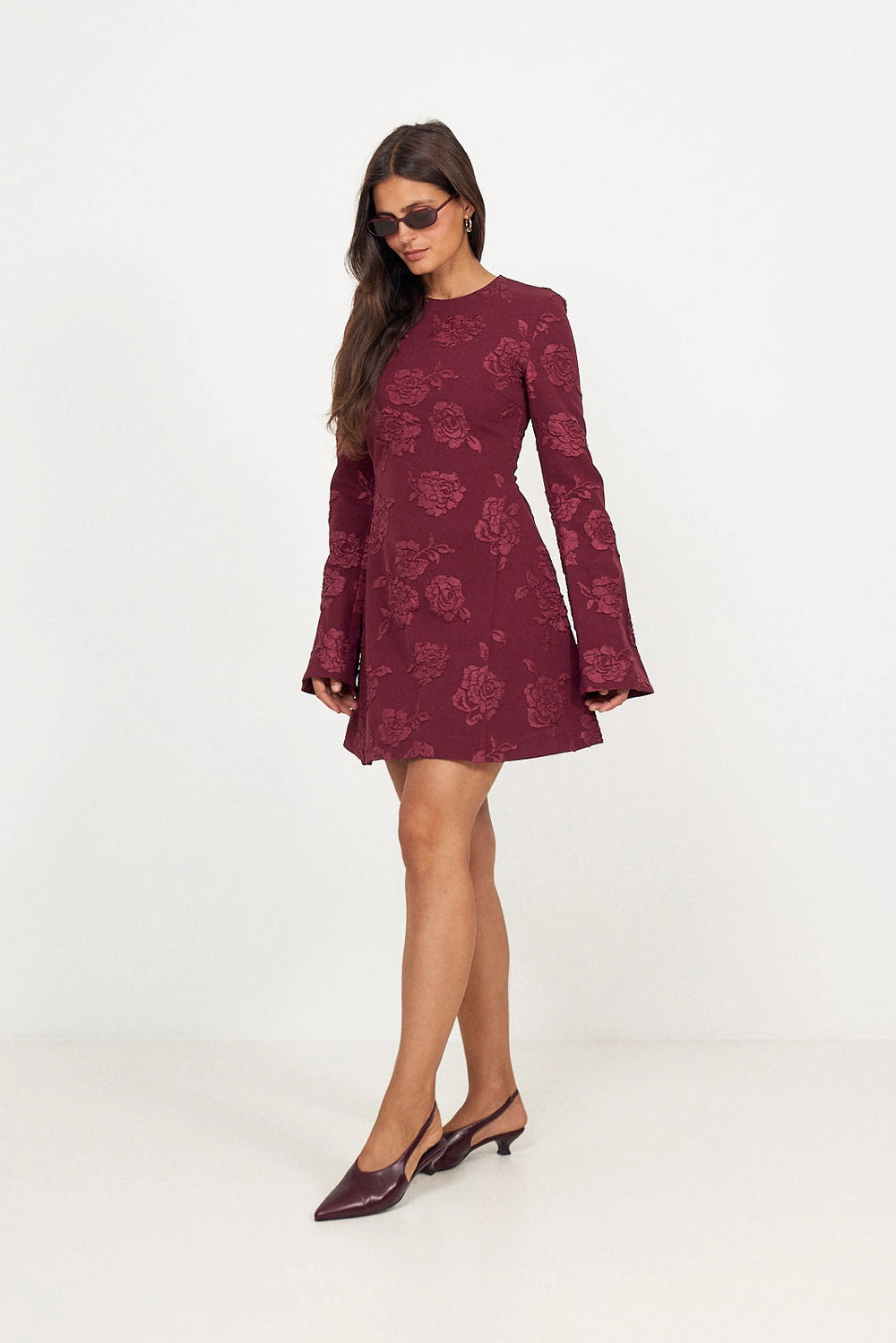 Jacquard Ls Mini Dress - Zinfandel