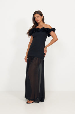 Crepe Maxi Flower Dress - Svart