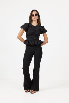 Ruched Puff Sleeve Top - Black
