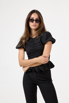 Ruched Puff Sleeve Top - Black