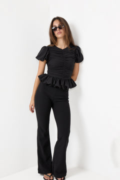 Ruched Puff Sleeve Top - Black