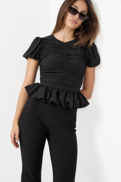 Ruched Puff Sleeve Top - Black