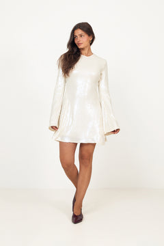 Sequins LS Flared Mini Dress - Egret
