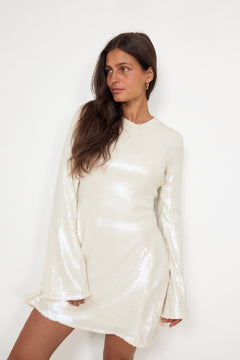 Sequins LS Flared Mini Dress - Egret
