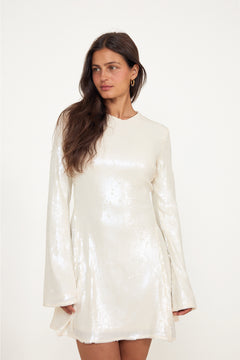 Sequins LS Flared Mini Dress - Egret