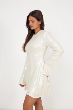 Sequins LS Flared Mini Dress - Egret