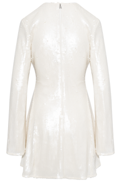 Sequins LS Flared Mini Dress - Egret