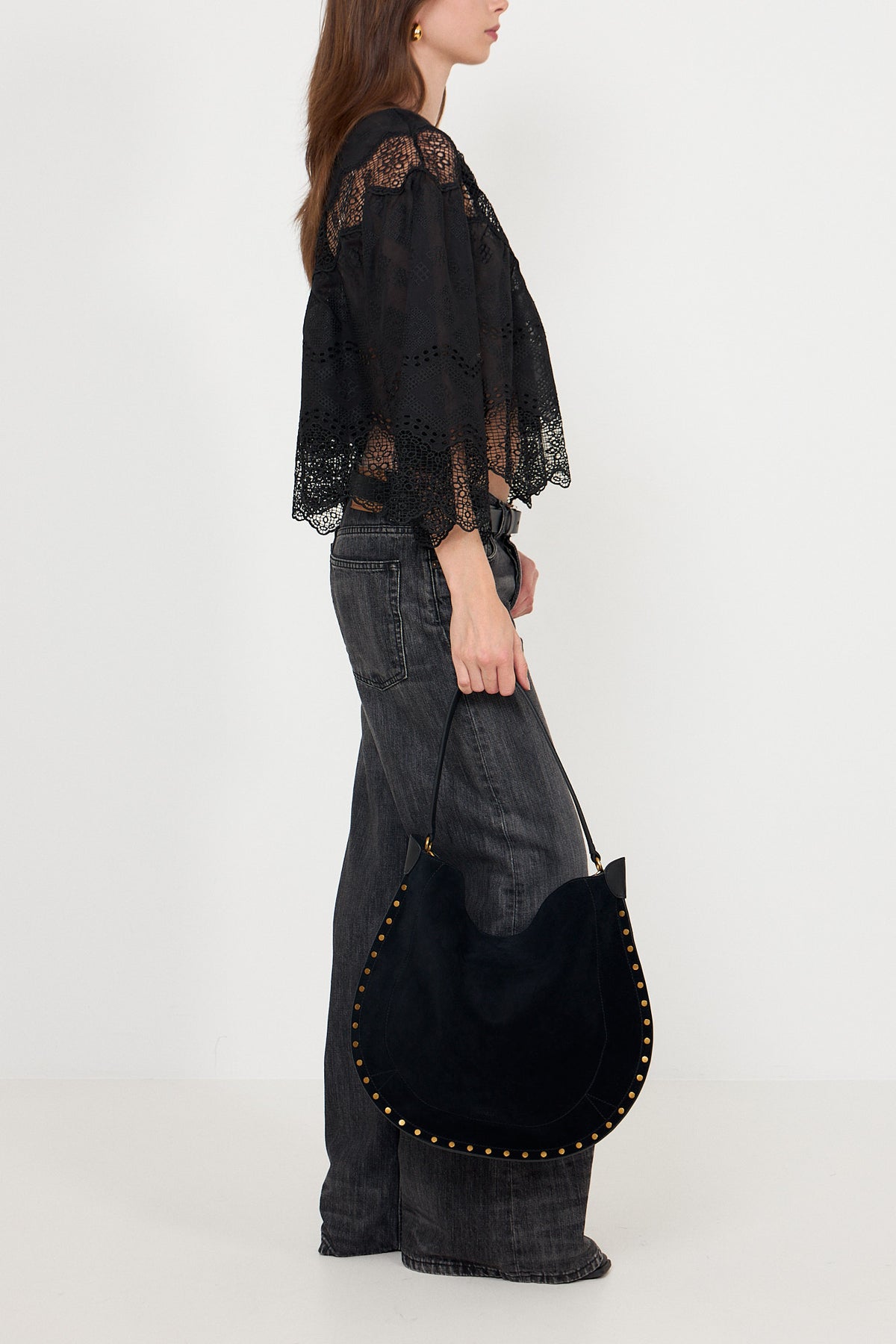 Oskan Hobo Soft Suede Leather Studded - Black