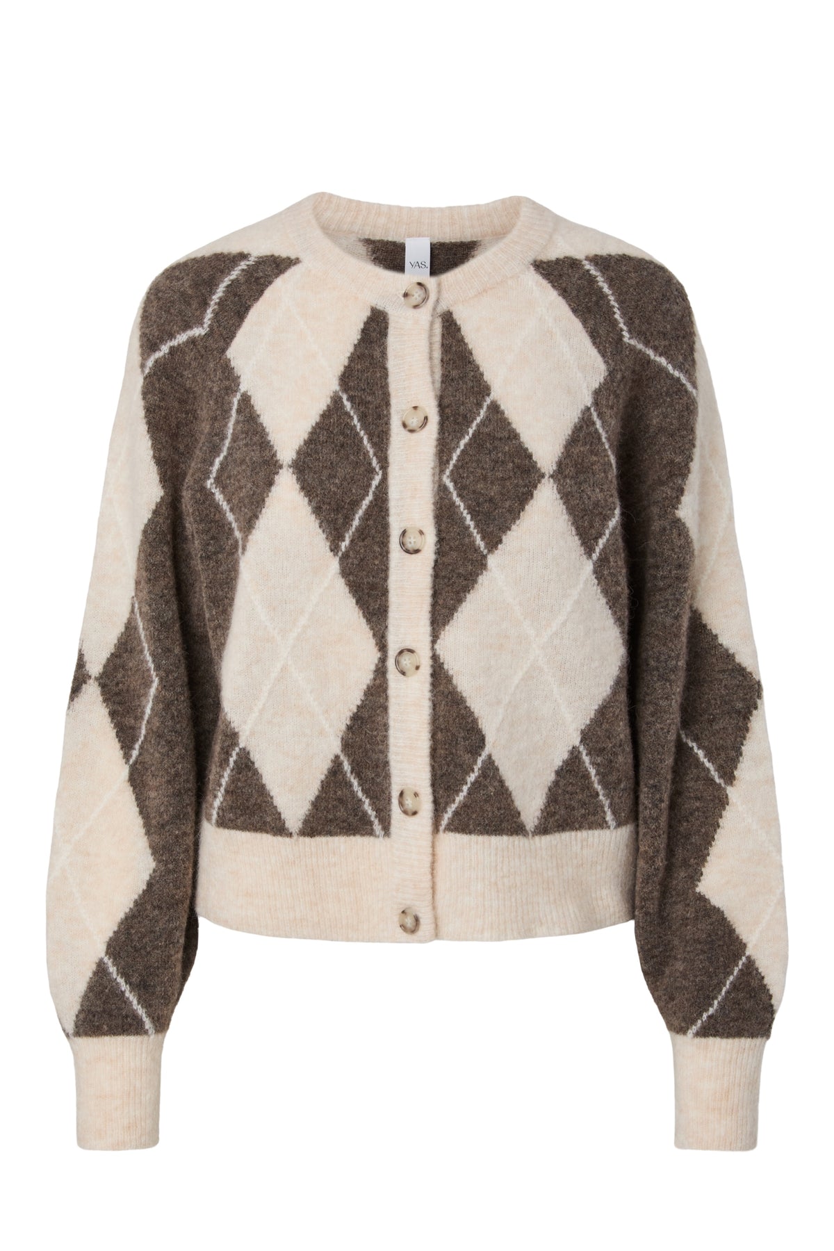 Yasjohi Ls Wool Blend Cardigan S. Noos - Oatmeal Taupe Gray + Pristine Harlequin