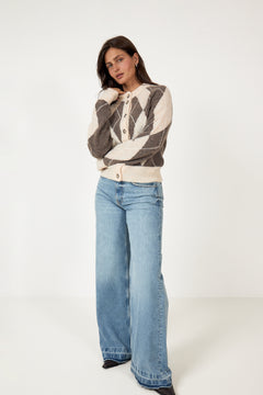 Yasjohi Ls Wool Blend Cardigan S. Noos - Oatmeal Taupe Gray + Pristine Harlequin