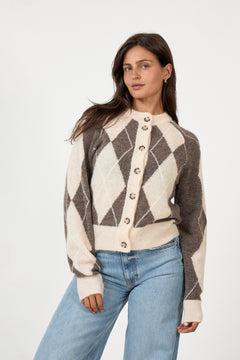 Yasjohi Ls Wool Blend Cardigan S. Noos - Oatmeal Taupe Gray + Pristine Harlequin