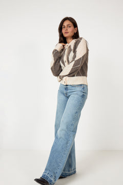 Yasjohi Ls Wool Blend Cardigan S. Noos - Oatmeal Taupe Gray + Pristine Harlequin