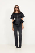 Duchesse Satin Peplum Zip Blouse - Black