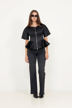 Duchesse Satin Peplum Zip Blouse - Black
