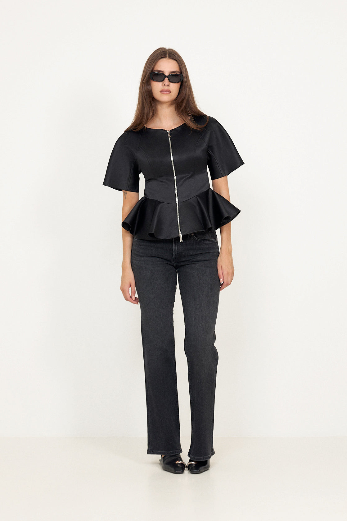 Duchesse Satin Peplum Zip Blouse - Black