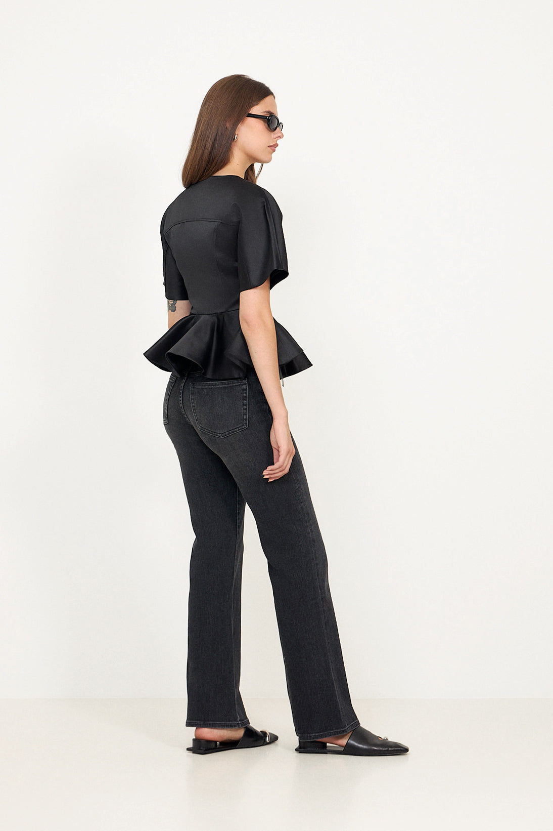 Duchesse Satin Peplum Zip Blouse - Black