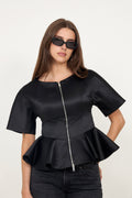 Duchesse Satin Peplum Zip Blouse - Black