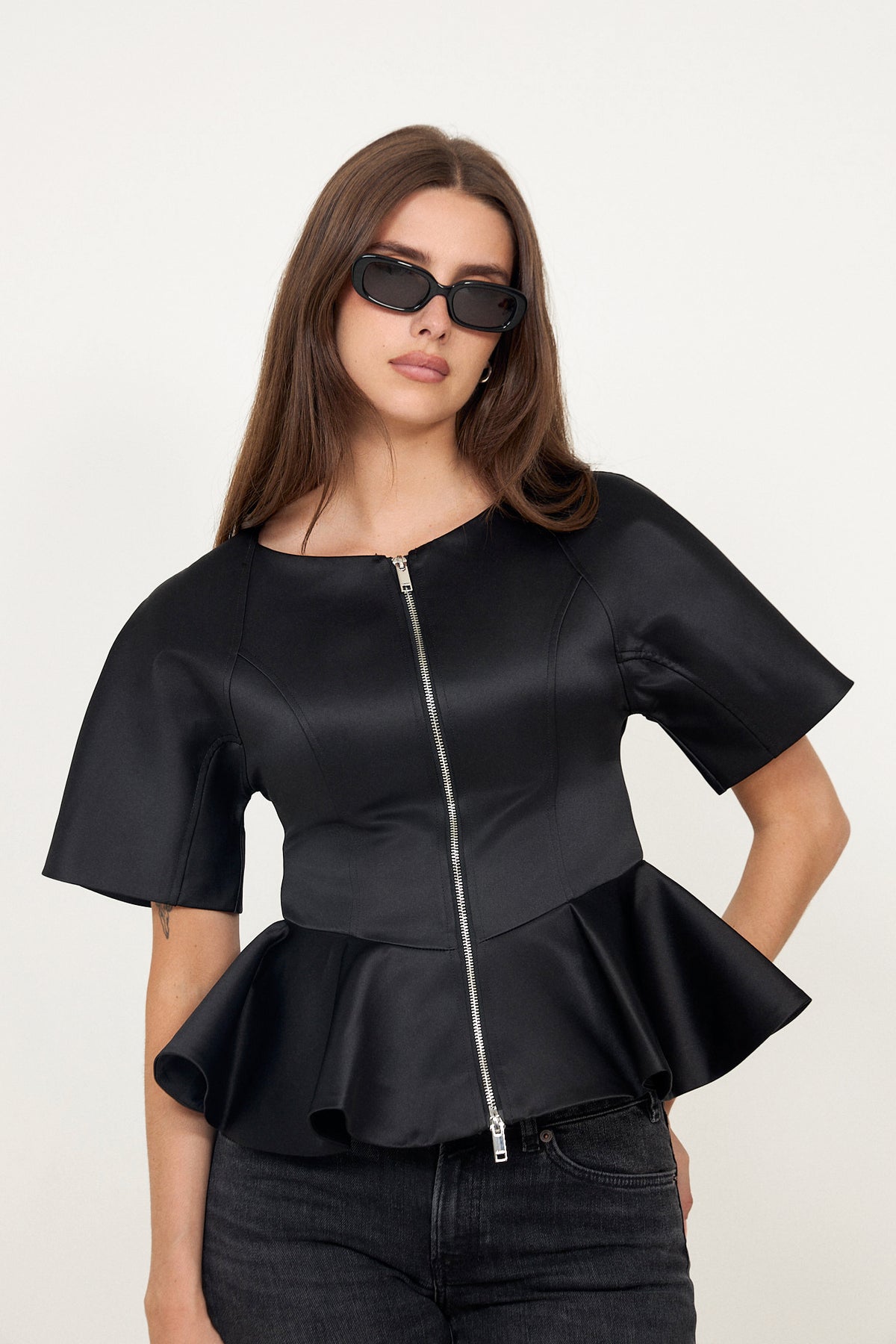 Duchesse Satin Peplum Zip Blouse - Black