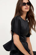 Duchesse Satin Peplum Zip Blouse - Black